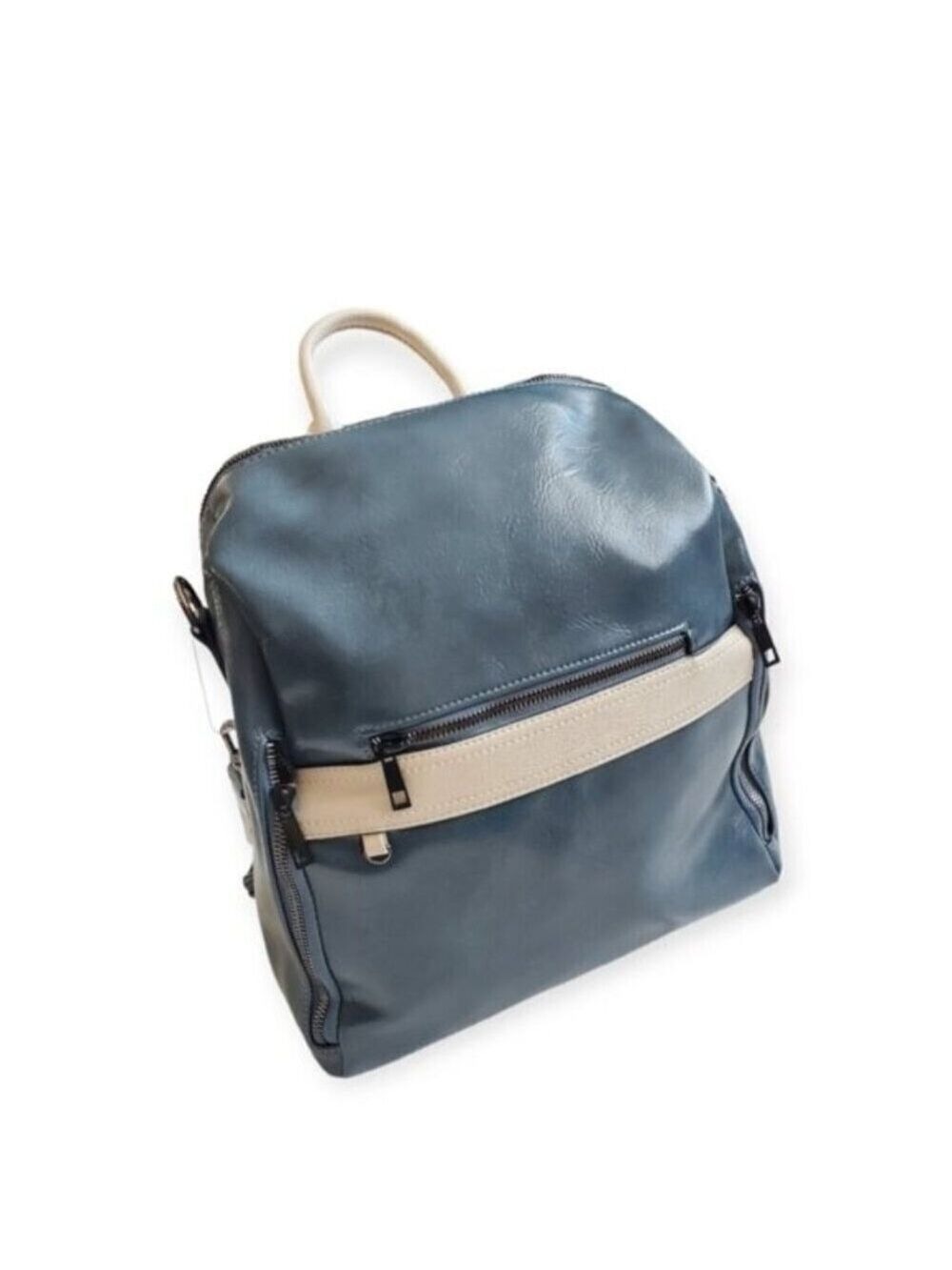 Blue Faux Leather Backpack Medium Cream Contrast Trim